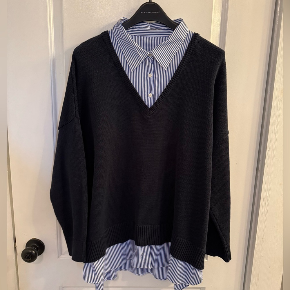 Ralph Lauren Black Label Black V-Neck Layered Knit Sweater